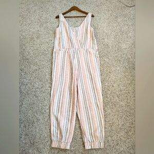 Drew Anthropologie Striped Linen Blend Sleeveless Raw Hem Jumpsuit